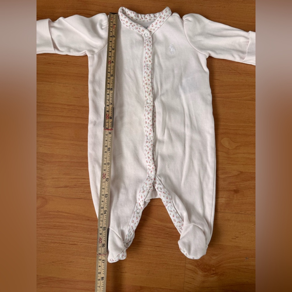 Ralph Lauren Delicate Pink Floral-Trim Footed Coveralls 100% Cotton Pajamas NB - Picture 12 of 12